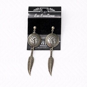 Western Buffalo Skull Feather Dangle Earrings Silver Tone Boho Rustic USA